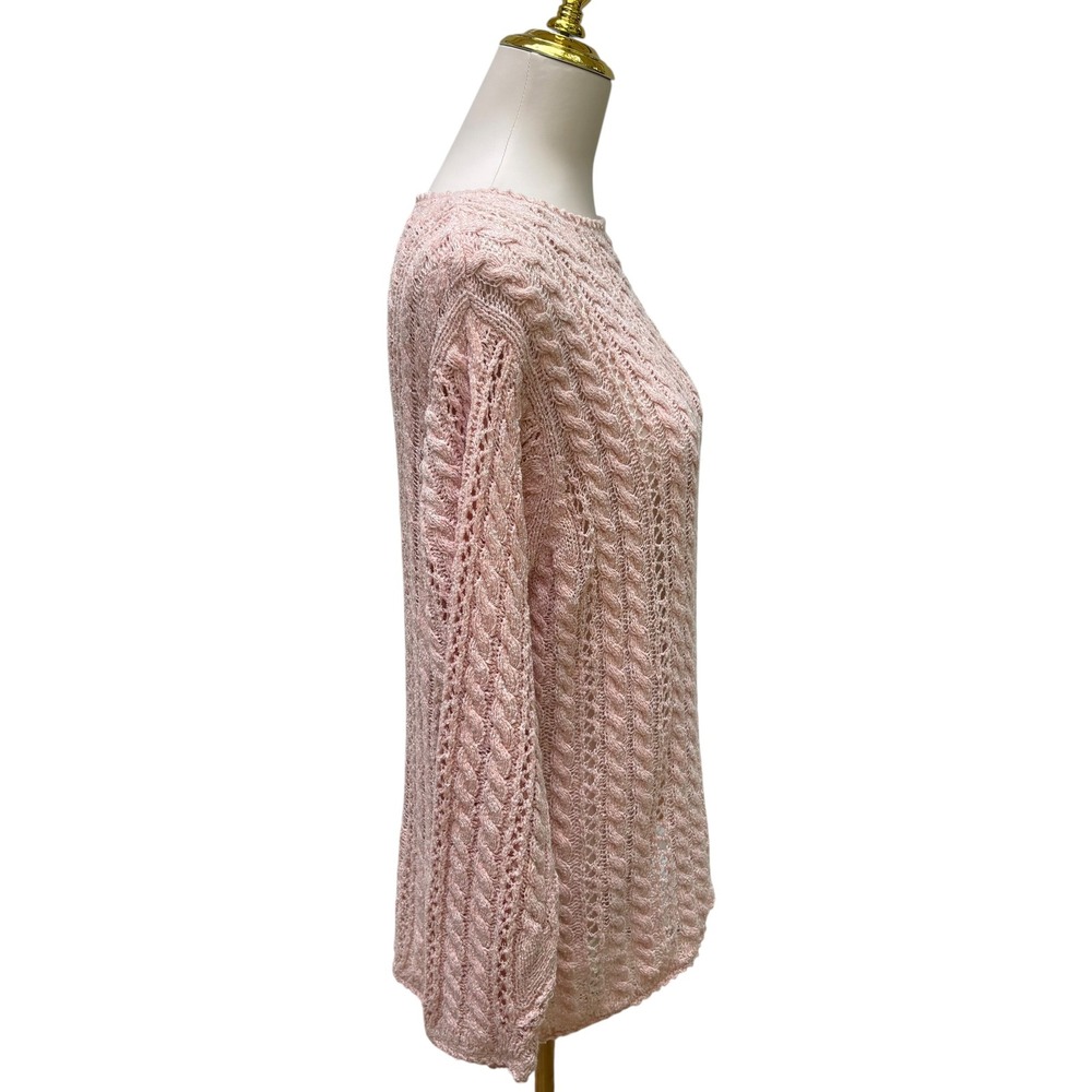 Liz Claiborne Petite Studio Sweater S Pink Cable Knit Pointelle Coastal Coquette - Picture 5 of 8